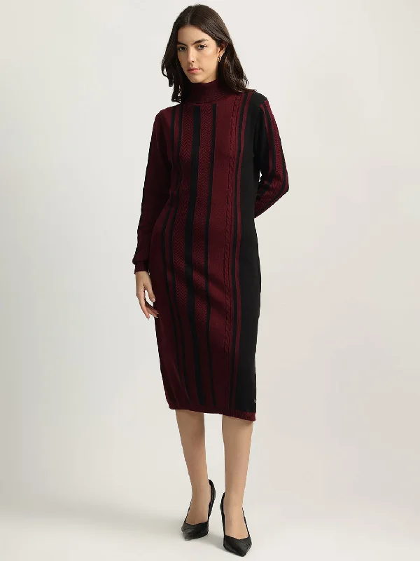 Iconic Women Red Striped Turtle Neck Full Sleeves Sweater Dress Satin Blend Silk Blend Wool Blend