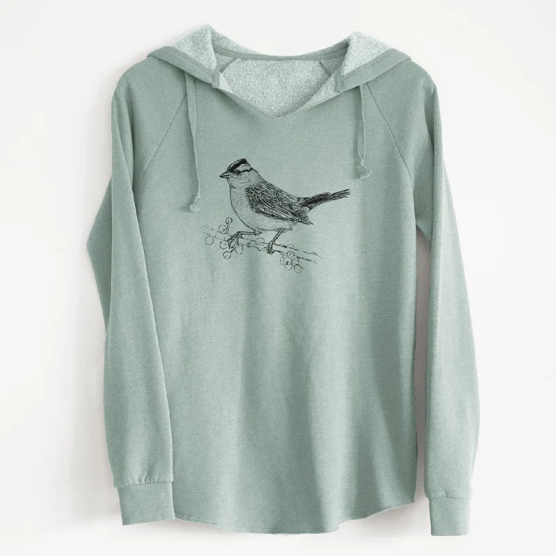 White-crowned Sparrow - Zonotrichia leucophrys - Cali Wave Hooded Sweatshirt Hoodie with Hem Embroidery Detailed Premium