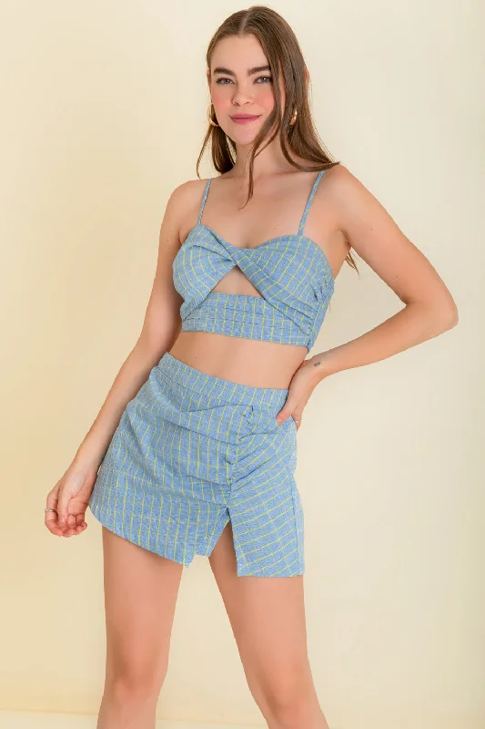 Crop top check escote nudo con cut out Rayon Fabric Velvet Fabric Corduroy Fabric