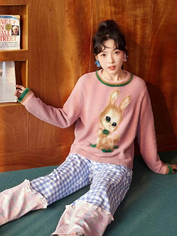 Retro bunny sweater【s0000005346】 Ribbed Striped Patterned