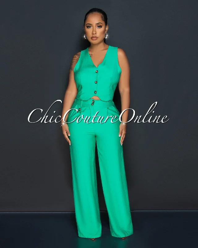 Orene Green Buttons Crop Top & Wide Pants Set Collared Crop Top Boat Neck A-Line