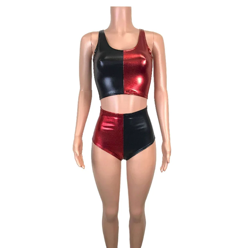 Harley Quinn Costume w/ Crop Top and High Waist Hot Pants Outfit Satin Fabric Silk Fabric Chiffon Fabric