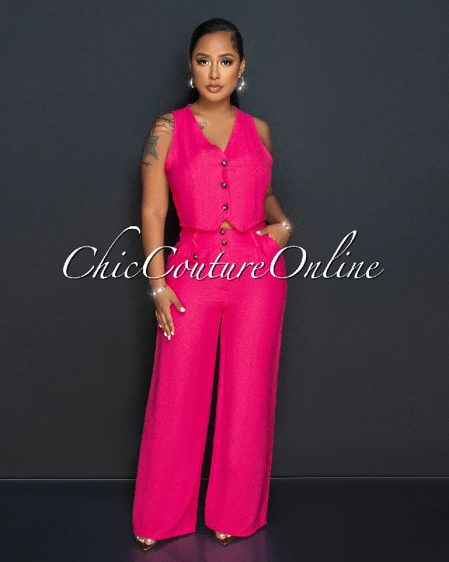 Orene Fuchsia Buttons Crop Top & Wide Pants Set Casual Formal Business