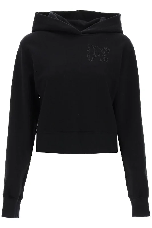 cropped hoodie with monogram embroidery PWBB069R24FLE002 BLACK BLACK Hoodie with Strings Custom Fit Adjustable