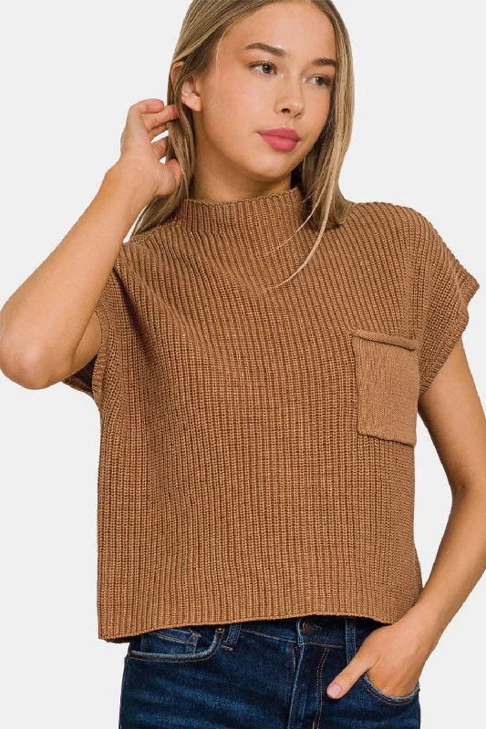 Zenana Mock Neck Short Sleeve Cropped Sweater Handmade Hand-knitted Hand-woven