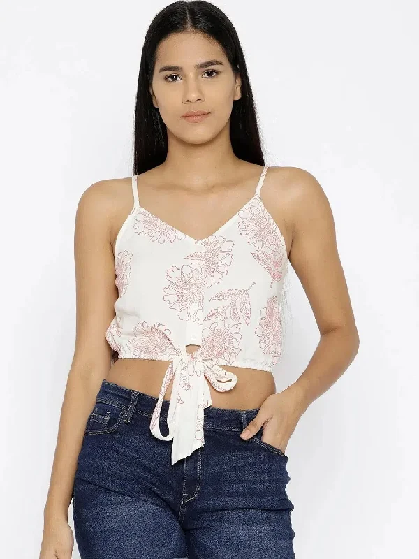 Front tie printed crop top in Pink Real Fur Shearling Chenille