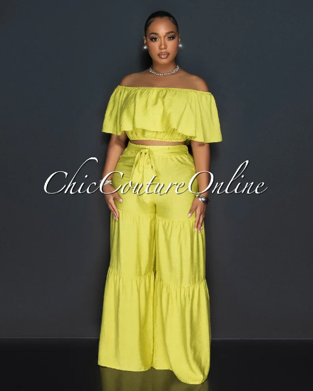 Gonzalo Lime Green Ruffle Crop Top & Wide Pants Set Silk Blend Satin Velvet