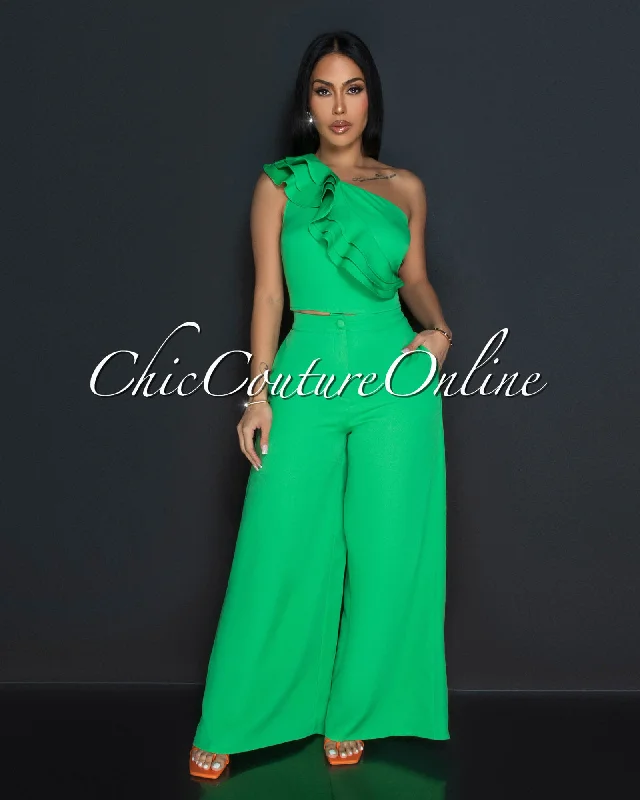 Palila Green One Shoulder Ruffle Crop Top & Wide Pants Set Terry Blend Velvet Blend Canvas Blend