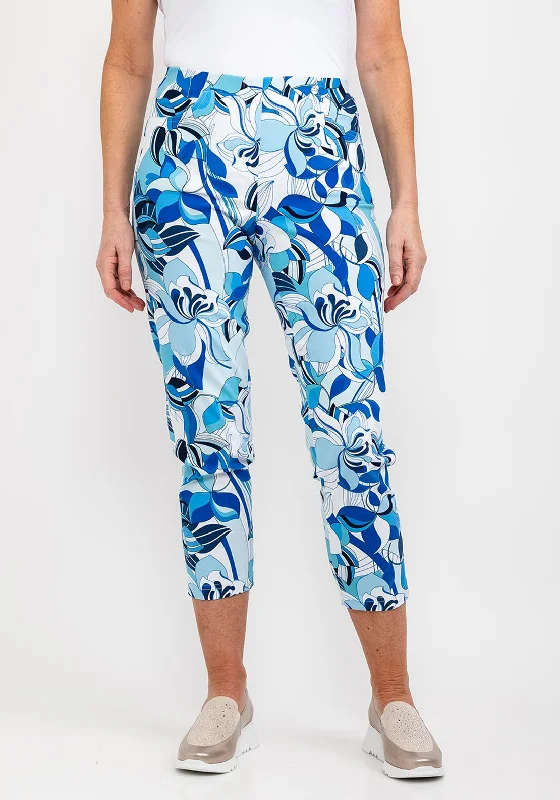 Robell Bella 09 Ankle Grazer Floral Trousers, Blue Trousers Capri Summer