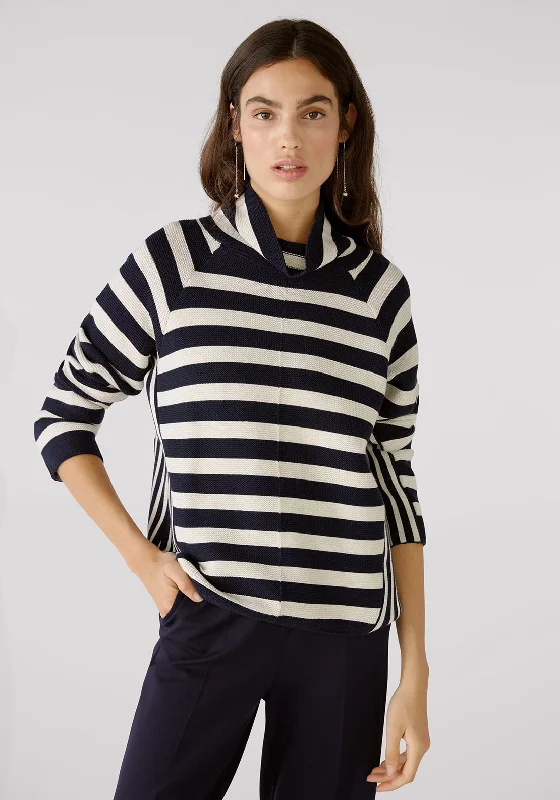 OUI Roll Neck Stripe Jumper, Navy & White Cashmere Blend Cotton Blend Poly Blend