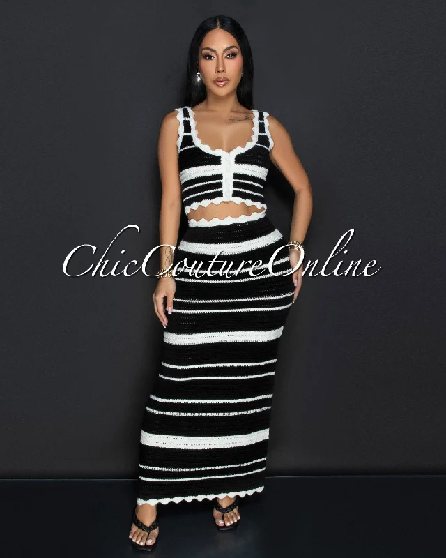 Karifa Black Ivory Crop Top & Maxi Skirt Crochet Set Solid Print Embellished