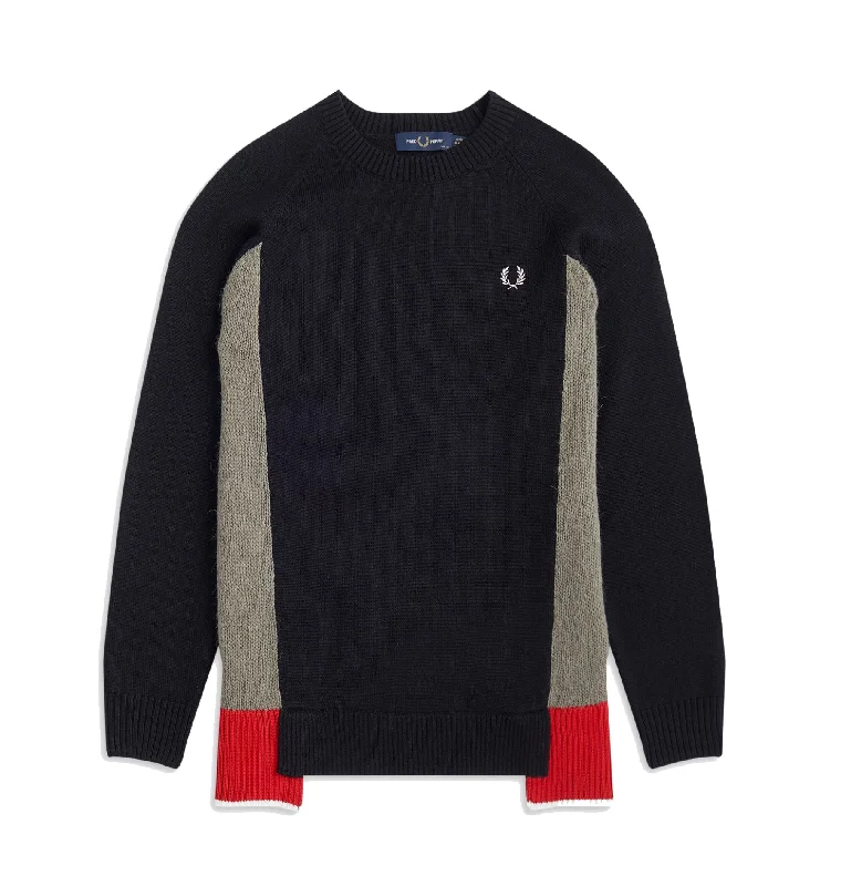 Fred Perry K9104 Mixed Panel Jumper, Black/Grey/Red Terry Blend Velvet Blend Canvas Blend