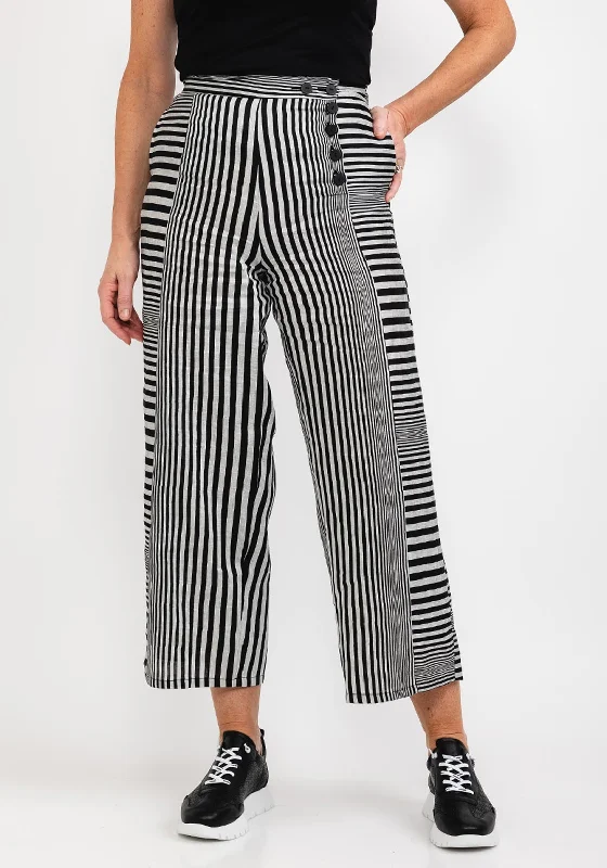 Elsewhere Striped Wide Leg Trousers, Black & Silver Trousers Mesh Breathable