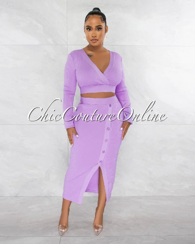 Jalina Lavender Crop Top & Side Buttons Midi Skirt Bandage Set Mesh Canvas Denim