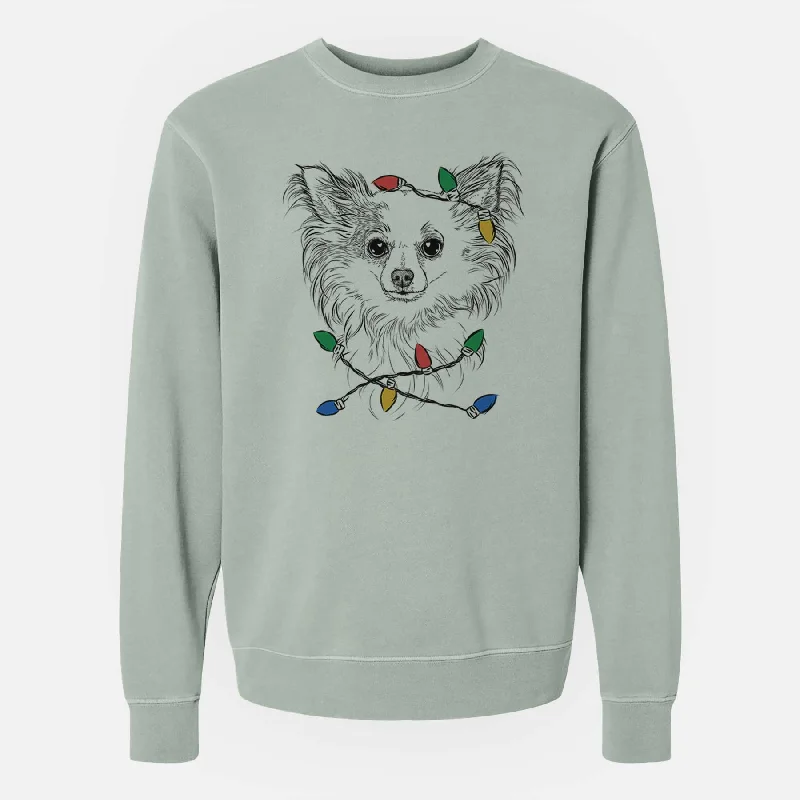 Christmas Lights Princess Ava the Long Haired Chihuahua - Unisex Pigment Dyed Crew Sweatshirt Hoodie with Snap Buttons Easy Quick