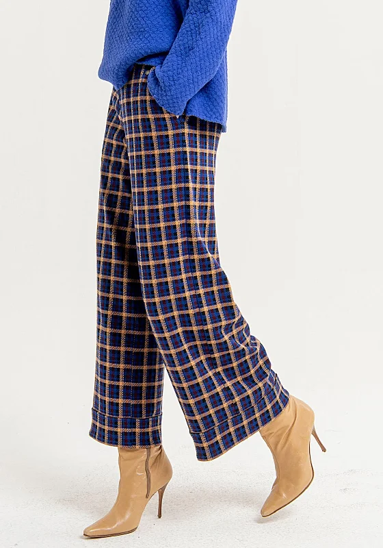 Surkana Plaid Wide Leg Cropped Trouser, Blue Trousers fashionable trendy