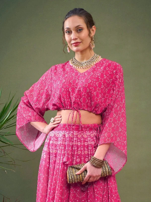 Women Pink Floral Crop Top Hooded Caped Shawl Collar