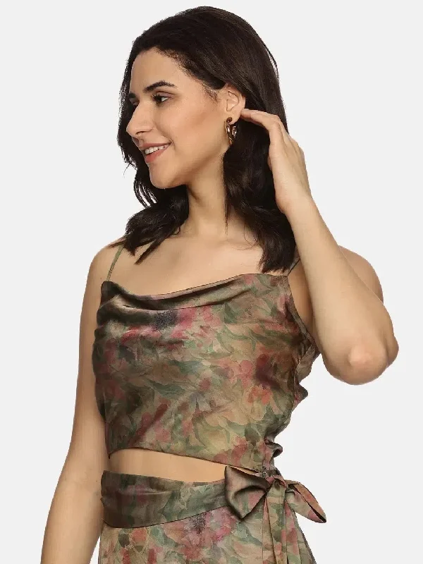 Floral Brown Cowl Neck Crop Top-17352 Houndstooth Herringbone Solid