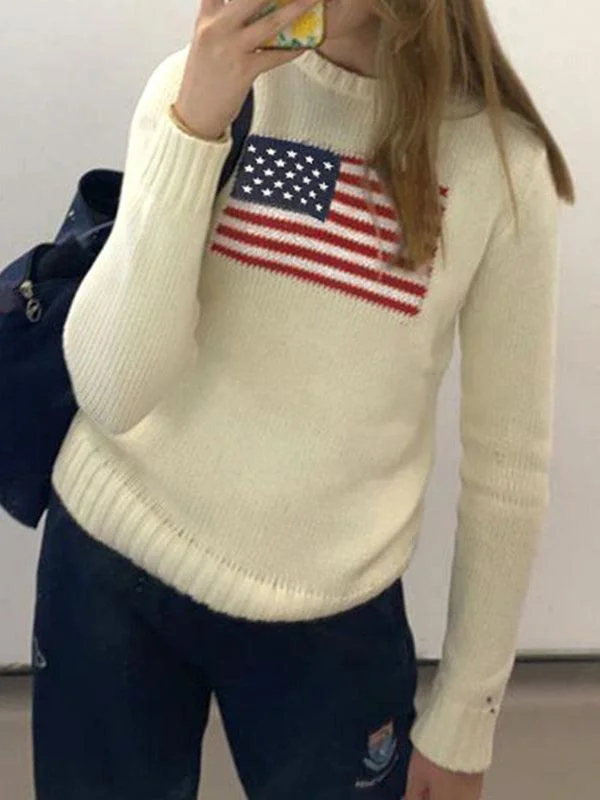 Ladies The Stars and The Stripes Pullover Sweater SKT4949 Fleece Sweater Nylon Polyester