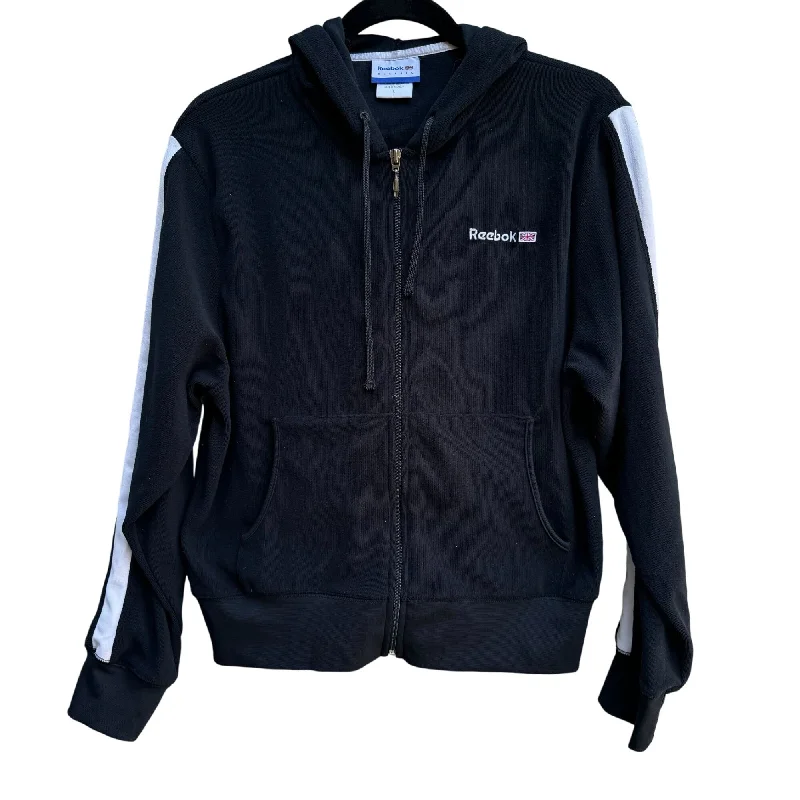 Reebok Classic Women's Retro Black White Long Sleeve Full-Zip Hoodie Jacket - L Hoodie with Longline Fit Extended Stylish