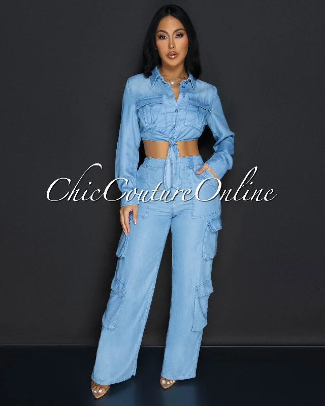 Indigo Light Denim Crop Top & Pants Cargo Set Polka Dot Checkered Tartan