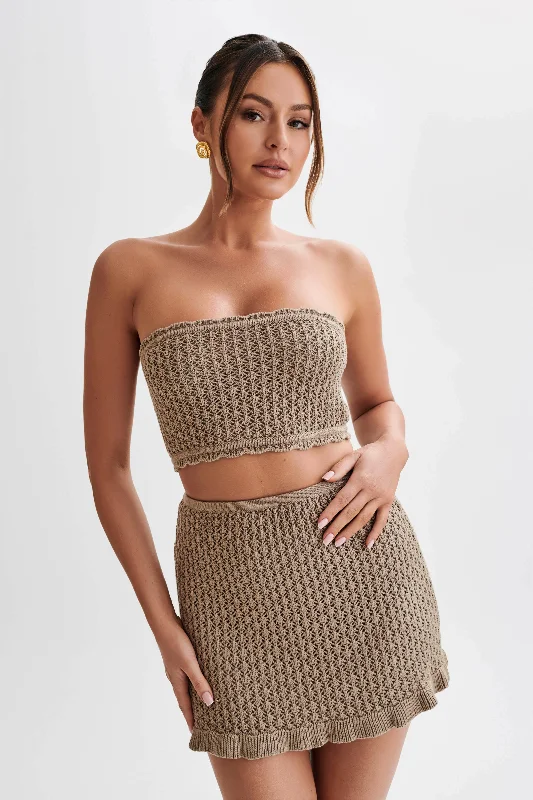 Serina Knit Crop Top - Taupe Embroidered Appliqued Beaded