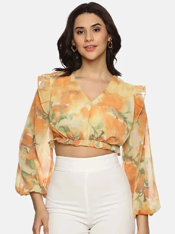 Floral Yellow Front Gathered Crop Top-17314 Zippered Front Buttoned Front Snap Front