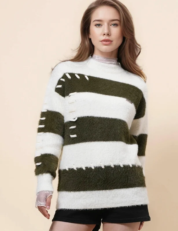 Ladies Faux Mink Color Block Striped Sweater SKT41056 Ribbed Striped Patterned