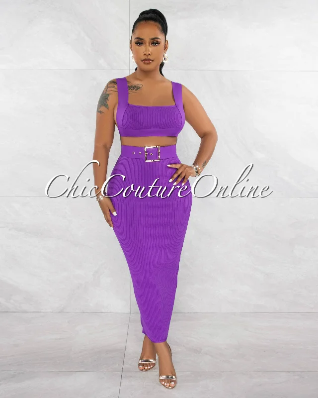 Megan Purple Crop Top & Belted Maxi Skirt Bandage Set Silk Blend Satin Velvet