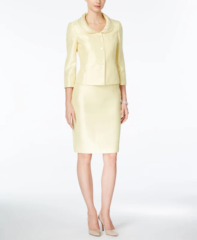 Kasper Lemon Ice Women Jeweled Collar Skirt Suit Set leather skirt sleek