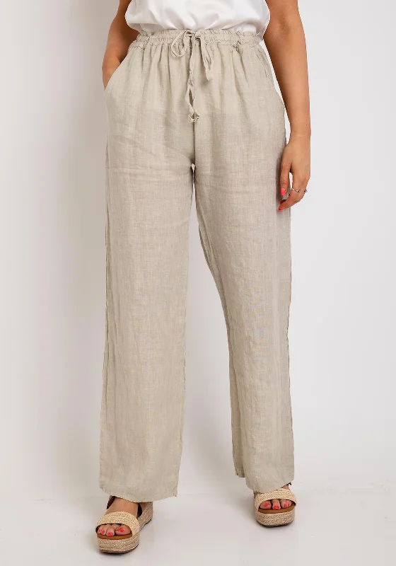 Serafina Collection One Size Linen Wide Trouser, Beige Trousers Denim Blue