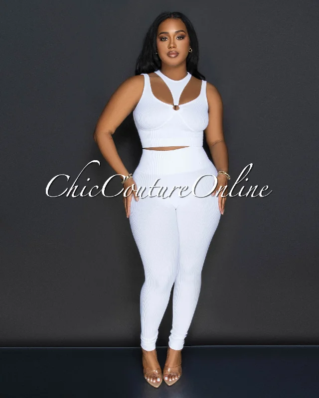 Alera White Cut Out Crop Top & Leggings Ribbed Sculpting Set Rayon Fabric Velvet Fabric Corduroy Fabric