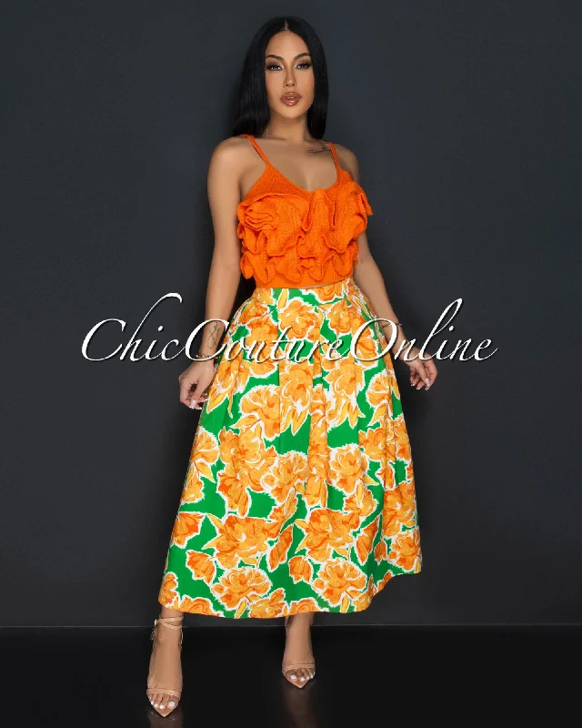 Safia Tangerine Green Crochet Crop Top & Flared Skirt Set Lace Blend Ribbed Blend Corduroy Blend