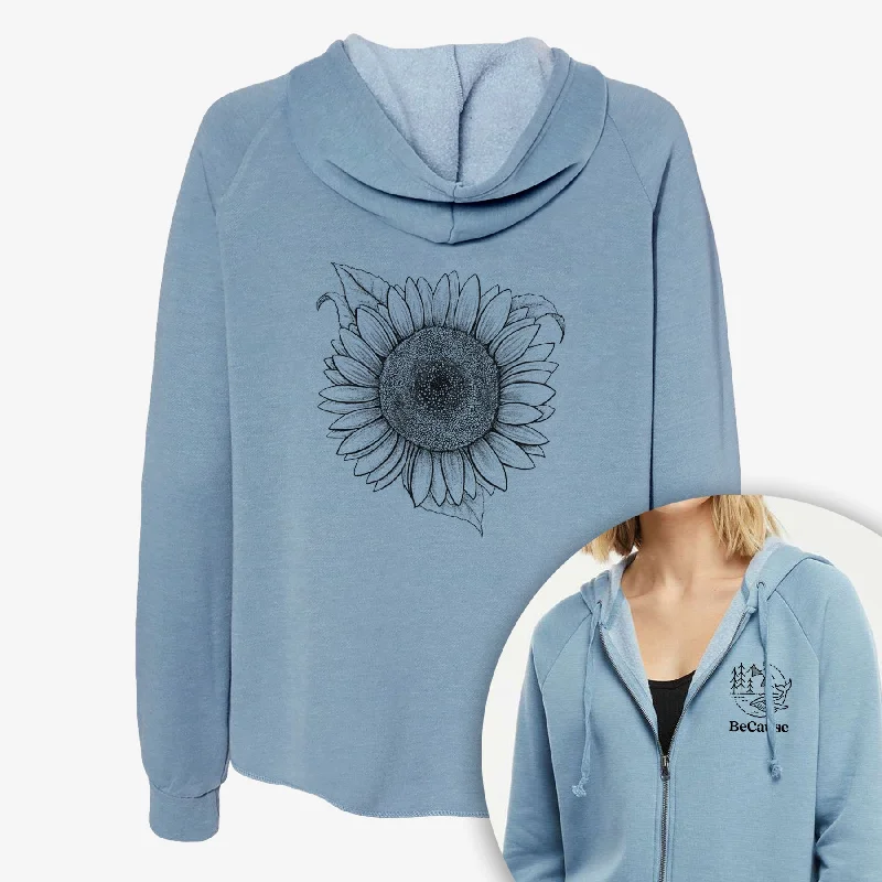 Lemon Queen Sunflower - Helianthus Annuus - Women's Cali Wave Zip-Up Sweatshirt Hoodie with Bell Sleeves Flared Feminine