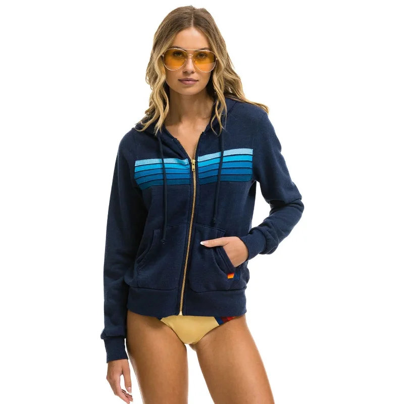 5 Stripe Zip Hoodie Navy/Blue Hoodie with Frayed Bohemian Relaxed