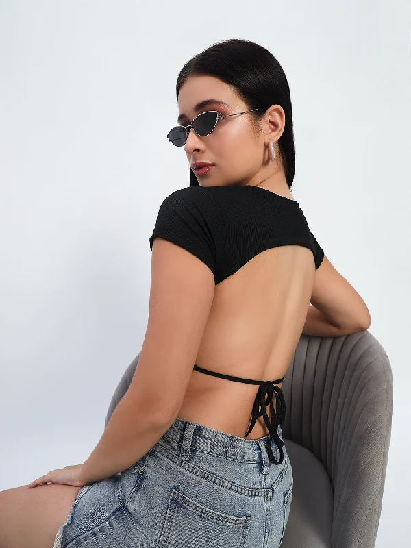 Backless Crop Top (Black) Print Jacquard Patchwork