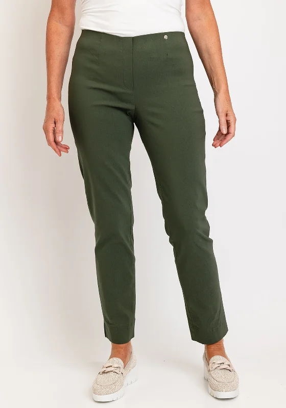 Robell Marie Full Length Slim Leg Trousers, Khaki Trousers Plaid Checkered