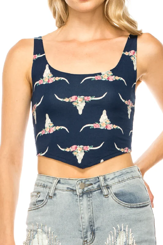 NAVY LONGHORN PRINT CROP TOP Collared Crop Top Boat Neck A-Line