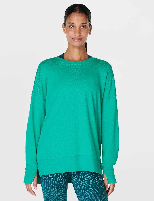After Class Longline Sweatshirt - Gem Green Hoodie with Ribbed Hem Stretchable Secure