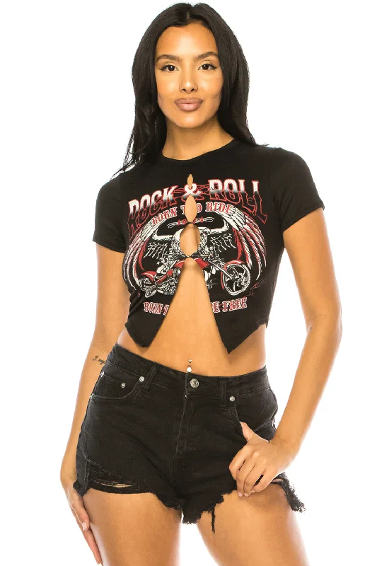 ROCK N ROLL BORN TO RIDE CUT CROP TOP Zippered Front Buttoned Front Snap Front