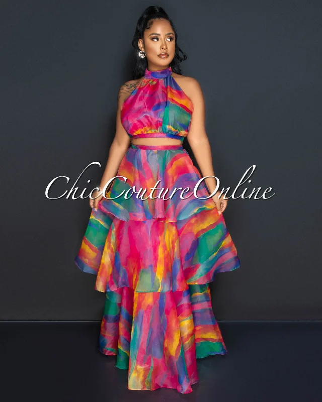 Sina Fuchsia Multi-Color Print Crop Top & Tier Maxi Skirt Set Anti-Pilling Machine Wash Handmade