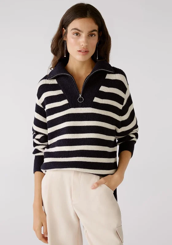 OUI Half Zip Striped Knit Sweater, Navy & White Sequined Glittery Shiny