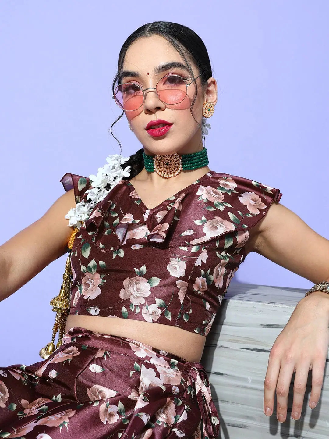 Women Burgundy Floral Layered Crop Top Wool Fabric Cashmere Fabric Tweed Fabric