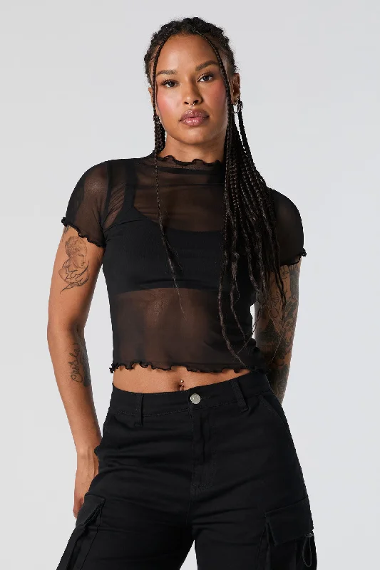 Mesh Mock Neck Lettuce Edge Crop Top Collared Crew Neck Turtle Neck