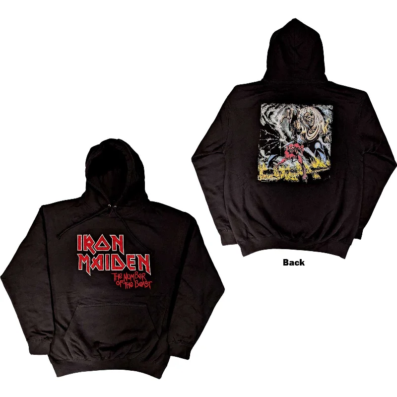 Iron Maiden Unisex Hoodie- Number of the Beast One Faded Logo Vintage (Back Print)- Official Licensed Design Hoodie with Velcro Closure Adjustable Secure