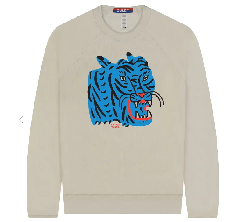 Blue Tiger Crew Sweatshirt Hoodie with Exposed Zipper Edgy Industrial