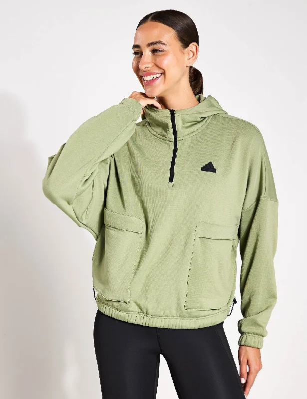 City Escape Fleece Hoodie - Tent Green Hoodie with Hem Raw Edge Edgy Unfinished