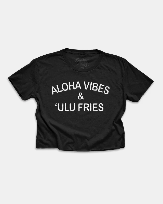 ULU FRIES Black Crop Top Graphic Embroidered Appliqued