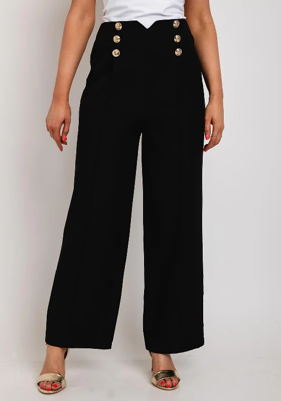 The Sofia Collection Wide Leg Button Trousers, Black Chinos Cotton Straight Leg