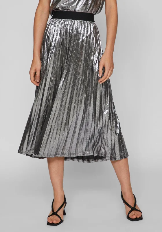 Vila Linea Pleated Metallic Midi Skirt, Silver wool skirt sturdy